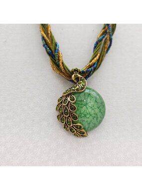 Peacock Pendant Necklace Multi-Strand Beaded Cord & Green Acrylic Accent